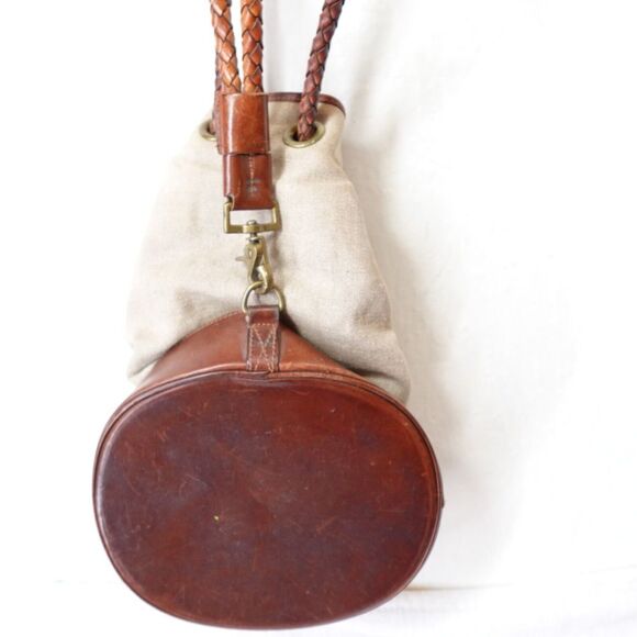 Vintage Ralph Lauren Drawstring Bucket Bag Linen & Brown Leather Braided Strap - Picture 2 of 11
